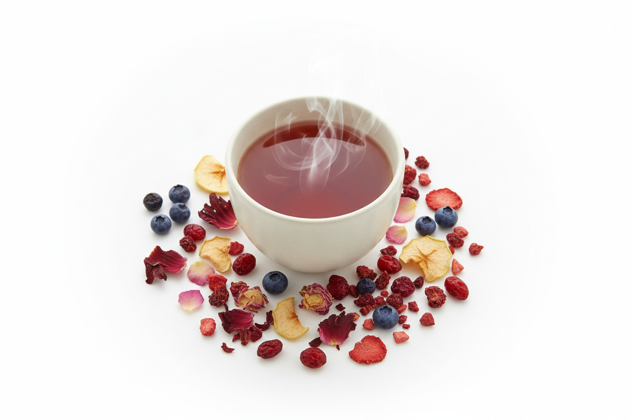 a top view of a cup of tea that has a redish hue and is steaming there are minimal scattering Elderberry, Hibiscus,  Apple,   Blueberry,   Rose petals, Cranberry, Raspberry and Strawberry pieces, about on white background