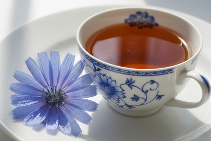 pretty sparkling image of a the flower of a chicory plant with a cut of tea beside the flower, the cup is designed with the same colors of the chicory flower, the liquid inside the cup is dark amber color that is clear and tanslucent